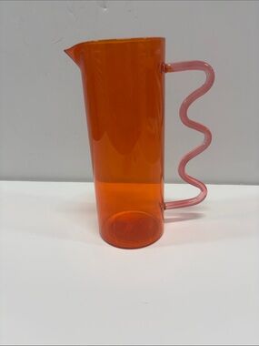 Orange Glass Pitcher with Pink Squiggle Handle 44Oz